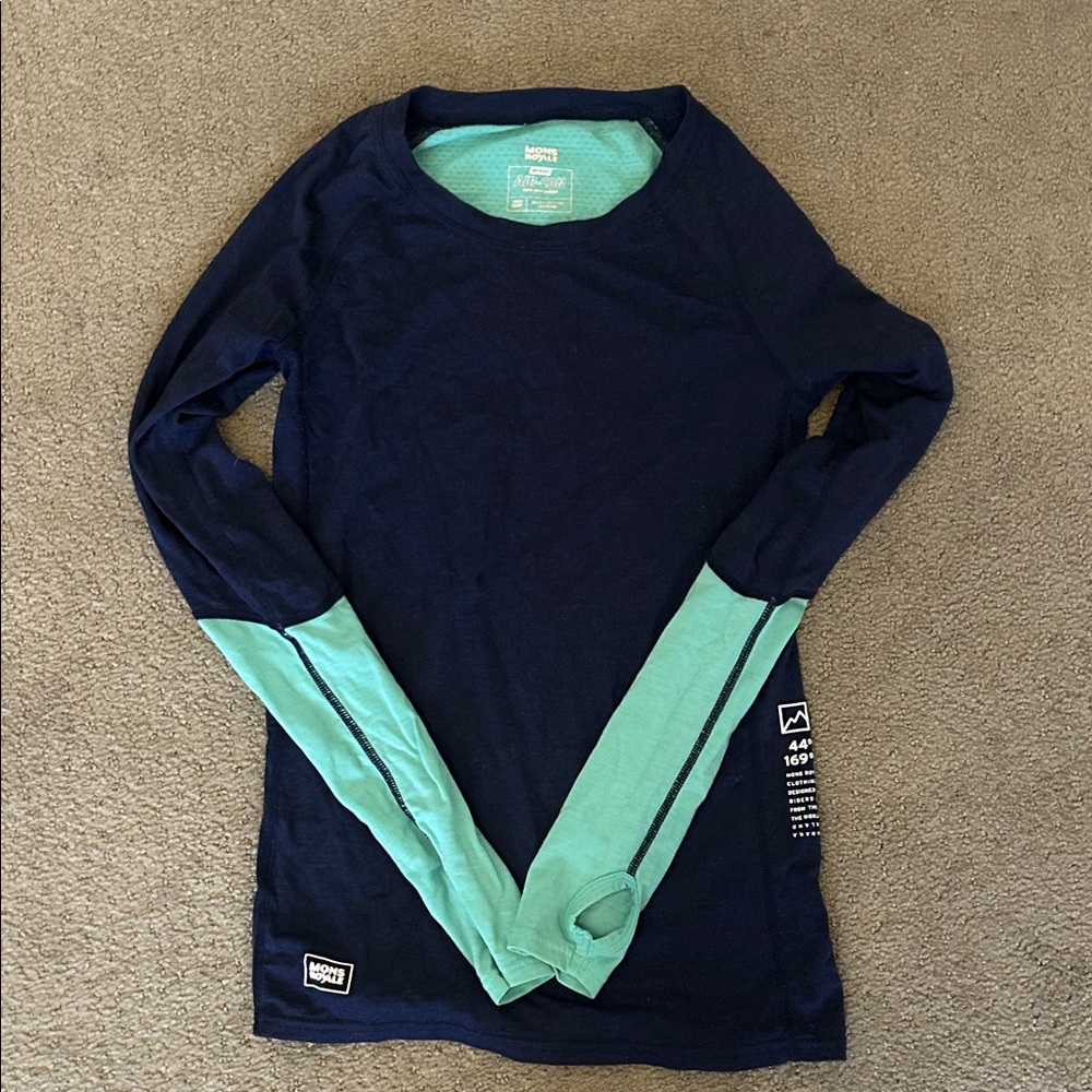 Navy and Mint Mons Royale merino lightweight long sleeve